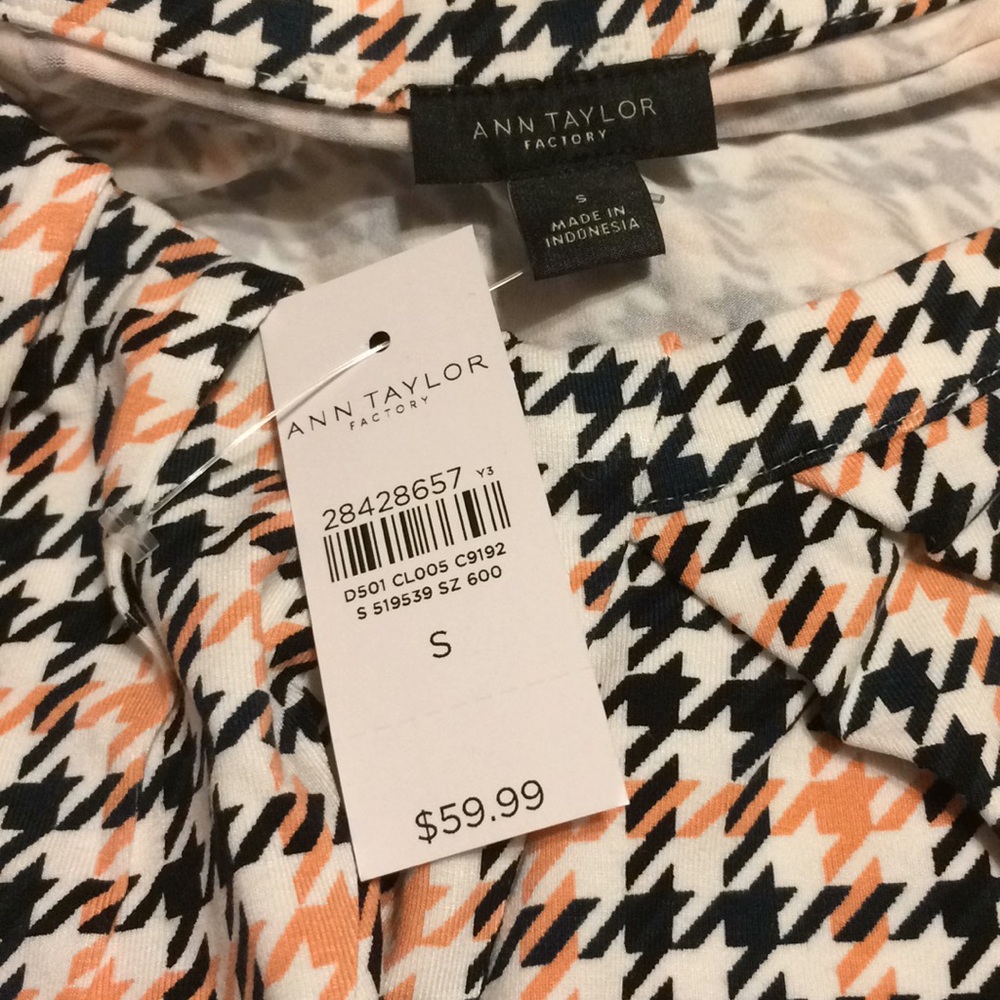 Ann Taylor Houndstooth 3/4 Sleeve Top Black Orange - Picture 5 of 8